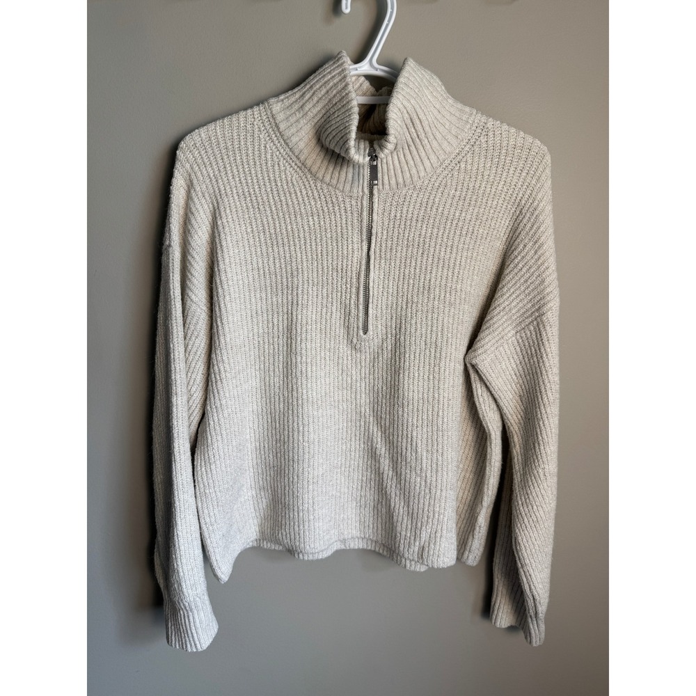 Old Navy Womens Beige Cream Quarter Zip Ribbed Knit Sweater Size S Cozy Casual